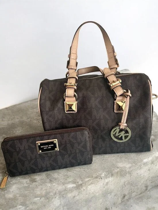 Michael Kors Grayson Monogram Leather Boston Bag Purse Matching Jet Set Wallet - Picture 1 of 16